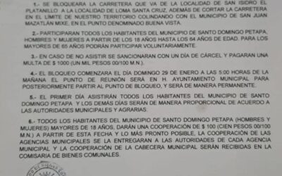 Cárcel y multa de mil pesos a quien no acuda a bloquear, en Santo Domingo Petapa