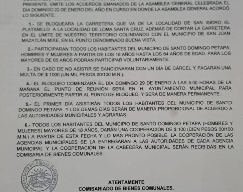 Cárcel y multa de mil pesos a quien no acuda a bloquear, en Santo Domingo Petapa