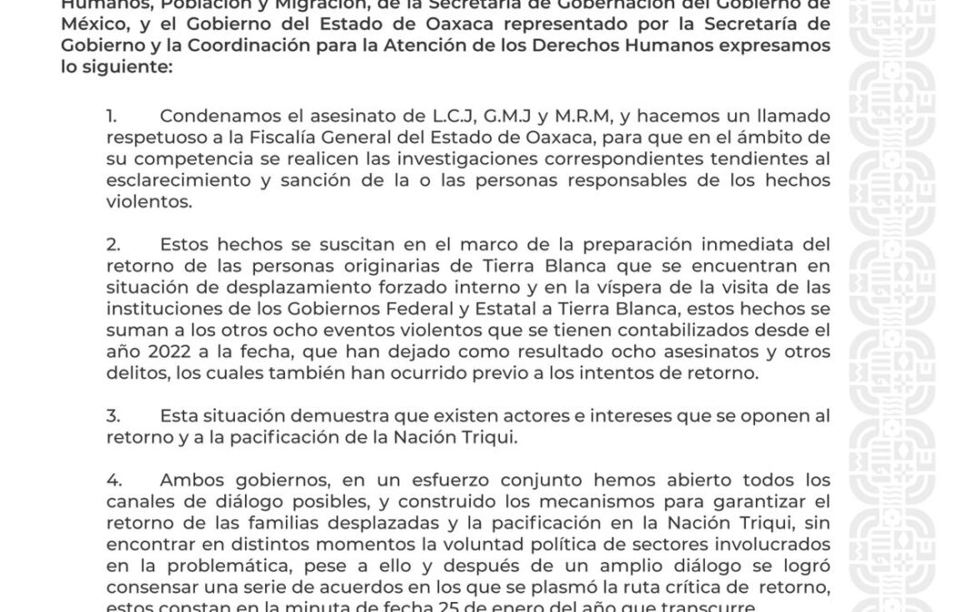 Condena Gobierno de Oaxaca asesinatos en zona triqui; advierte intereses para evitar la pacificación