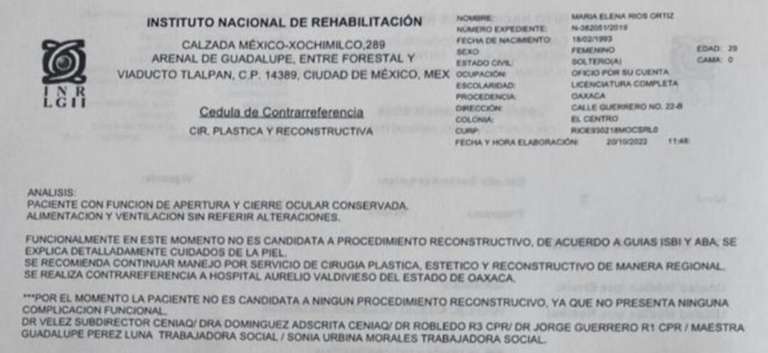 Rehabilitación de María Elena Ríos seguirá en Oaxaca; no necesita más procedimientos reconstructivos “por el momento”, según el Instituto Nacional de Rehabilitación