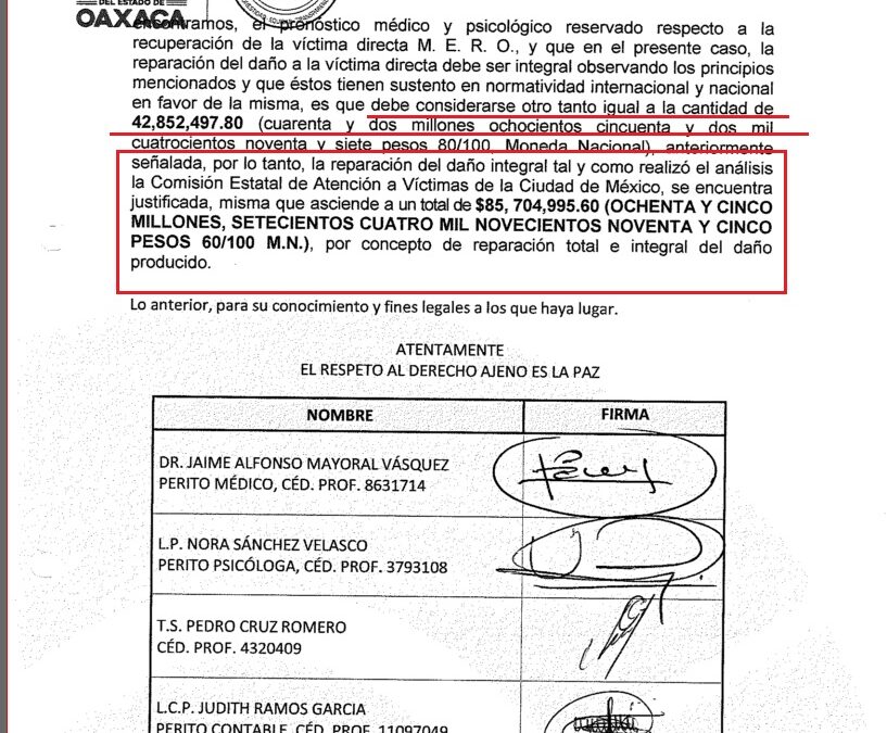 85 millones de pesos por reparación del daño, solicita María Elena Ríos