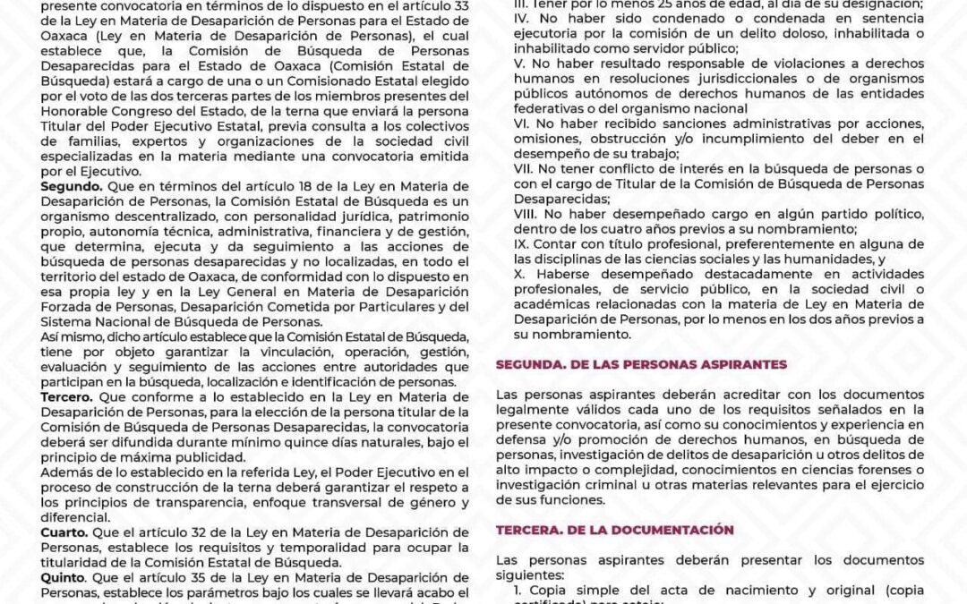 Inicia recepción de documentos de postulantes a la titularidad de la Comisión de Búsqueda de Personas Desaparecidas