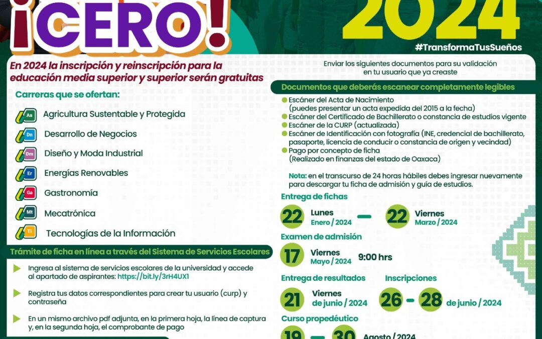 Lanza UTVCO su primera convocatoria de admisión 2024 para cursar una de sus siete carreras