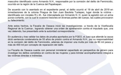 Logra FGEO sentencia condenatoria de 55 años de prisión por el delito de Feminicidio, ocurrido en la Cuenca del Papaloapan