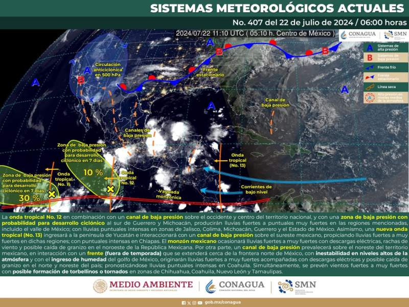 Onda tropical 13 canal de baja presión sobre el sureste de México, generará lluvias en Oaxaca