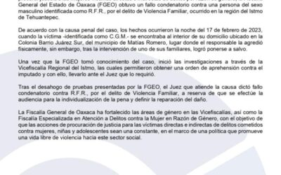 Obtiene FGEO fallo condenatorio contra una persona por el delito de Violencia Familiar cometido en la región del Istmo