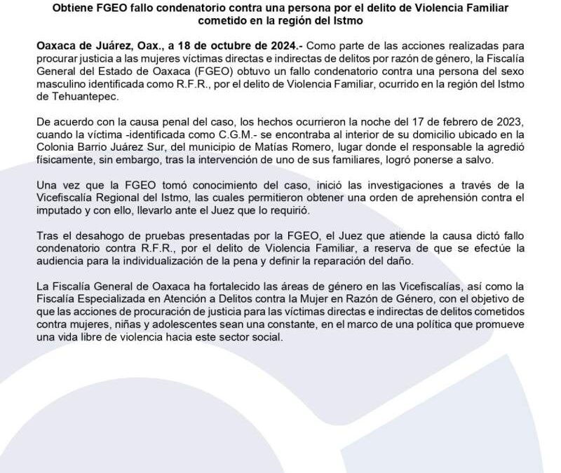 Obtiene FGEO fallo condenatorio contra una persona por el delito de Violencia Familiar cometido en la región del Istmo