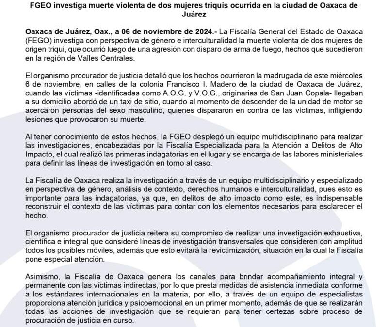 FGEO investiga muerte violenta de dos mujeres triquis ocurrida en la ciudad de Oaxaca de Juárez