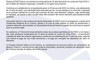 Obtiene FGEO sentencia de 15 años de prisión contra una persona por violación a una adolescente, delito ocurrido en la región de la Cuenca