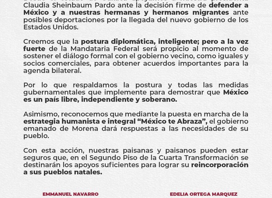 Gobierno humanista de la Doctora Sheinbaum está listo para defender a México: Morena
