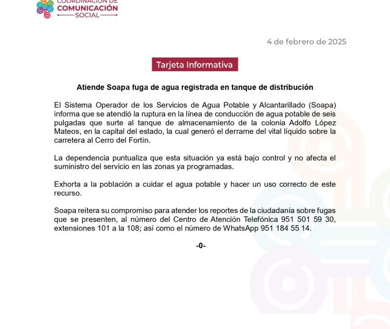 Atiende Soapa fuga de agua registrada en tanque de distribución