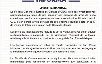 Fiscalía de Oaxaca investiga el homicidio del expresidente municipal de San Pedro Mixtepec en Puerto Escondido