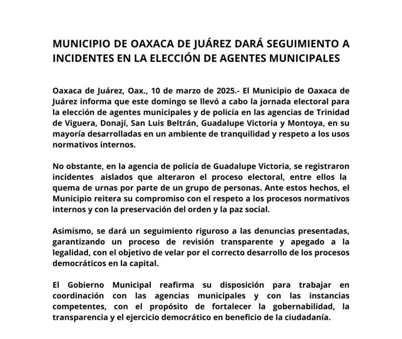 Municipio de Oaxaca de Juárez dará seguimiento a incidentes en la elección de agentes municipales