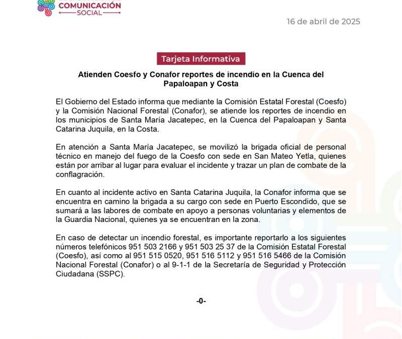 Atienden Coesfo y Conafor reportes de incendio en la Cuenca del Papaloapan y Costa
