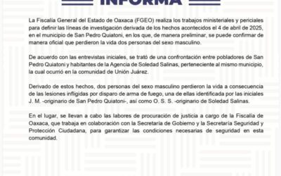 FGEO investiga enfrentamiento en Quiatoni que dejó dos personas fallecidas