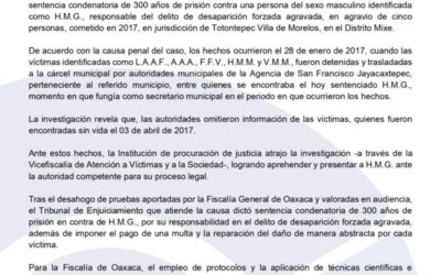 Fiscalía de Oaxaca obtiene sentencia condenatoria de 300 años de prisión en contra de ex secretario municipal de San Francisco Jayacaxtepec, por desaparición forzada agravada