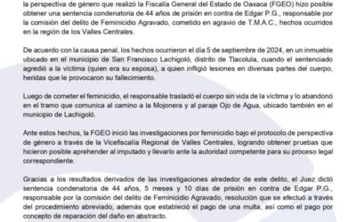 Fiscalía de Oaxaca obtiene sentencia de 44 años de prisión por el delito de Feminicidio cometido en la región de los Valles Centrales