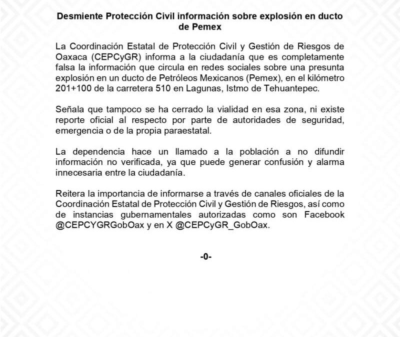 Desmiente Protección Civil información sobre explosión en ducto de Pemex