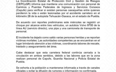 En comunicación Protección Civil y Capufe respecto a accidente carretero en Puebla