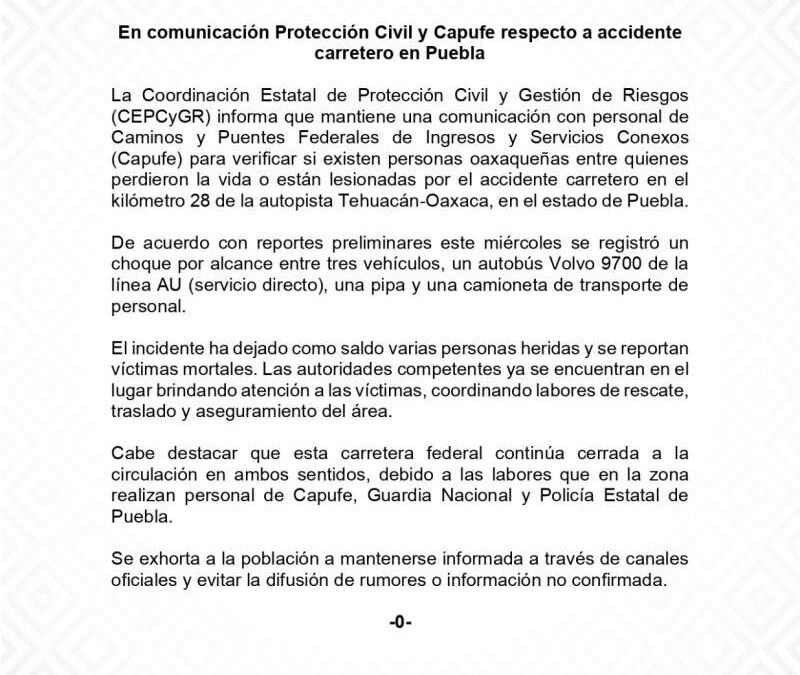 En comunicación Protección Civil y Capufe respecto a accidente carretero en Puebla