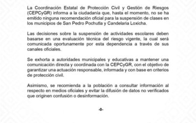 Desmiente Protección Civil Estatal recomendación de suspensión de clases