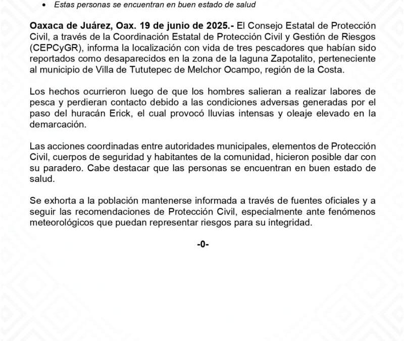 Localizan con vida a tres pescadores extraviados en laguna Zapotalito