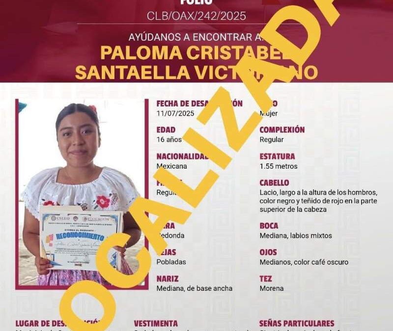 En menos de 24 horas, CLB Oaxaca localiza con vida a adolescente desaparecida en Santa María Alotepec