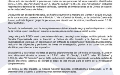Fiscalía de Oaxaca obtiene vinculación a proceso y prisión contra tres personas por homicidio cometido en la Central de Abasto