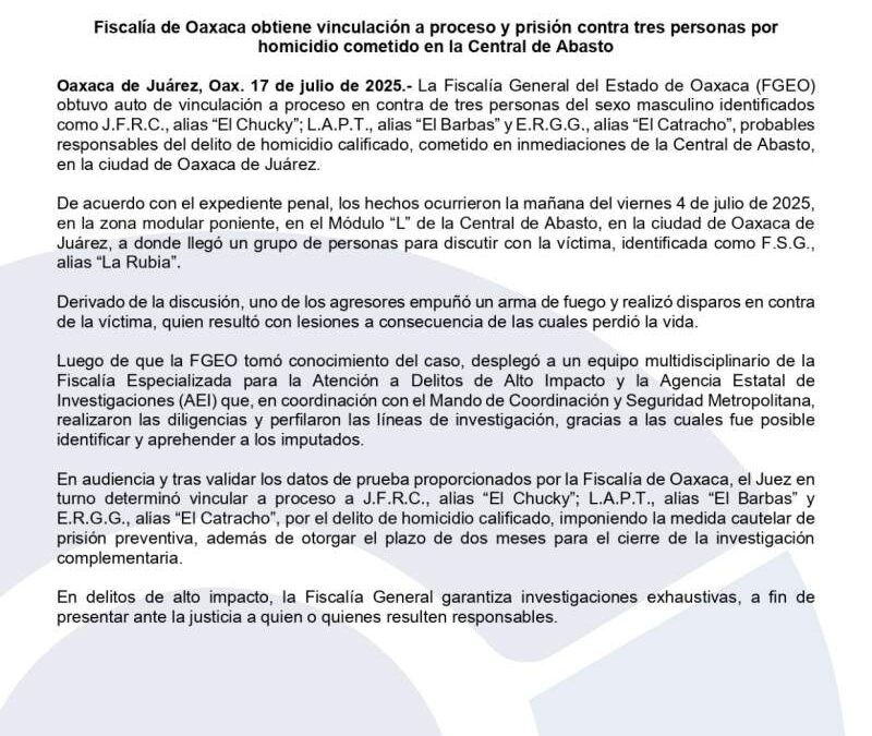 Fiscalía de Oaxaca obtiene vinculación a proceso y prisión contra tres personas por homicidio cometido en la Central de Abasto