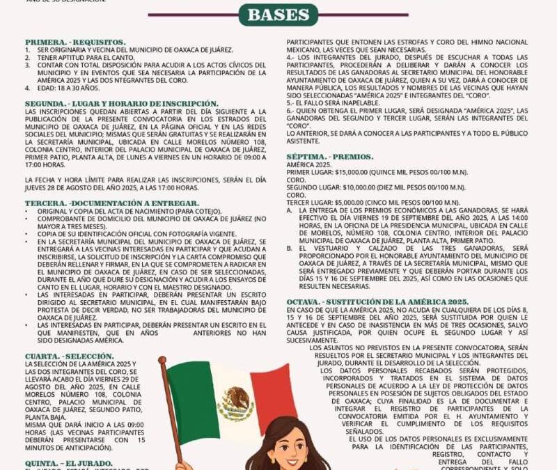 Municipio de Oaxaca de Juárez lanza convocatoria para elegir a la América 2025