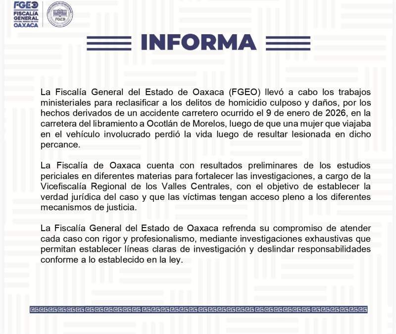 La FGEO reclasificó como homicidio culposo la investigación del accidente en el libramiento a Ocotlán ocurrido el 9 de enero, tras el fallecimiento de una mujer lesionada.