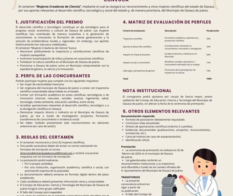 Oaxaca de Juárez convoca al certamen “Mujeres Creadoras de Ciencia”