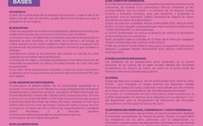 Ayuntamiento de Oaxaca de Juárez emite convocatoria para la distinción “Mujer Oaxaqueña 2026, Arcelia Yañiz Rosas”