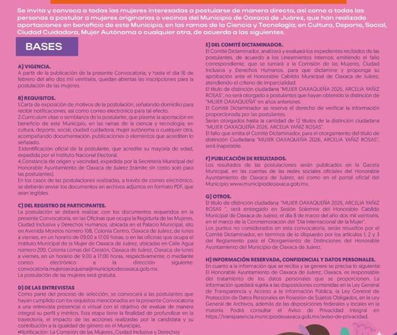 Ayuntamiento de Oaxaca de Juárez emite convocatoria para la distinción “Mujer Oaxaqueña 2026, Arcelia Yañiz Rosas”