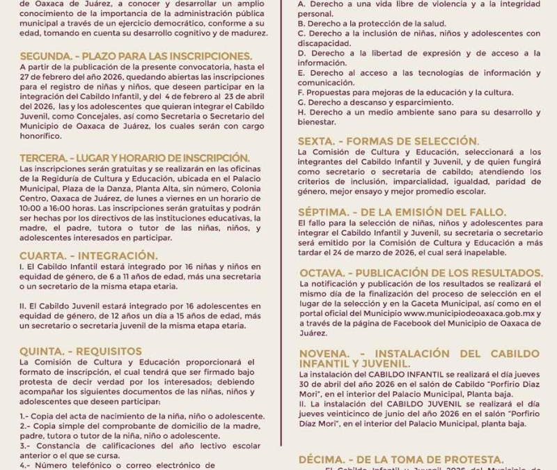 Convocan a integrar el Cabildo Infantil y Juvenil 2026 en Oaxaca de Juárez