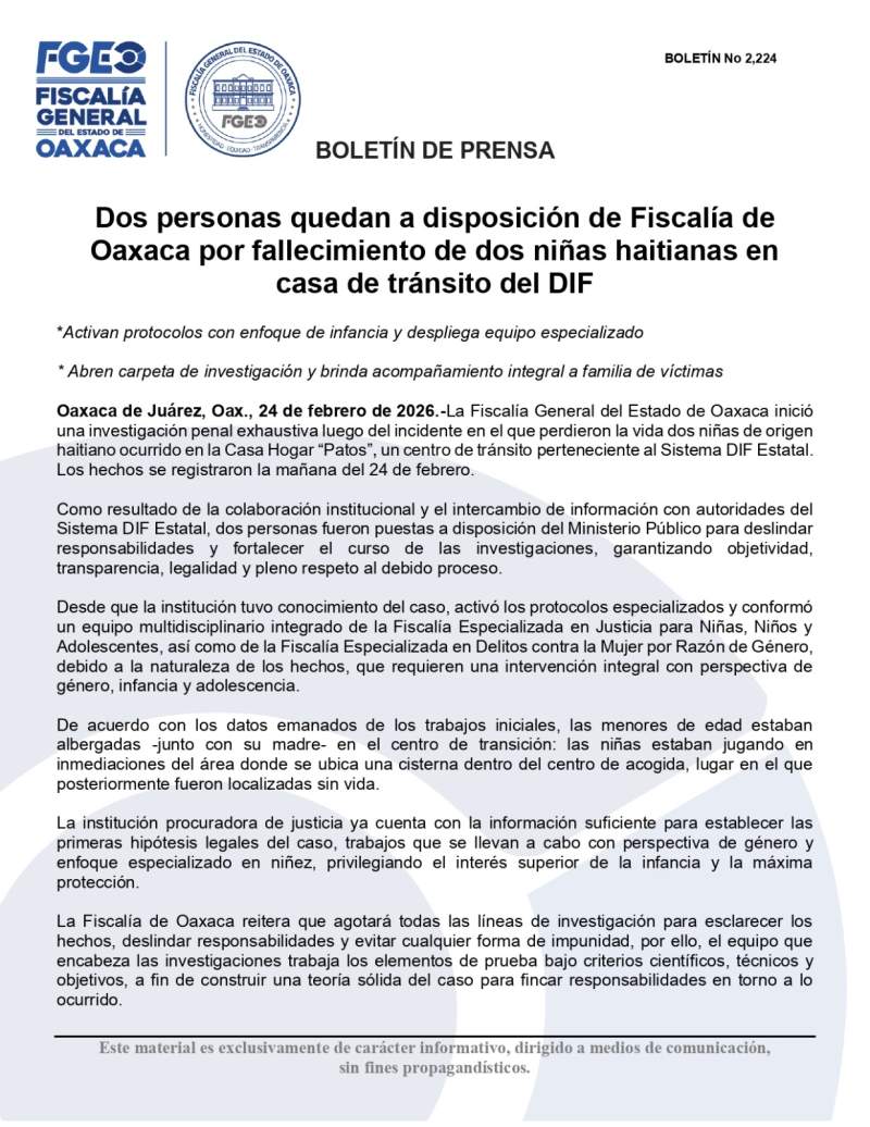dos-personas-quedan-a-disposicion-de-fiscalia-de-oaxaca-por-fallecimiento-de-dos-ninas-haitianas-en-casa-de-transito-del-dif