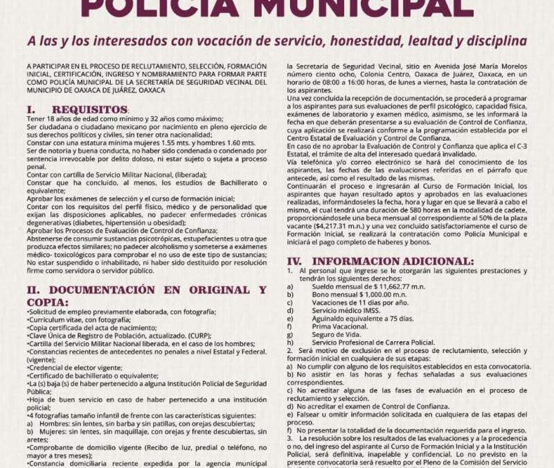 Emite Oaxaca de Juárez convocatoria para integrar la Policía Municipal