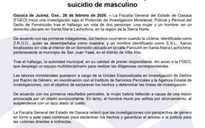 Fiscalía de Oaxaca investiga bajo protocolo de feminicidio hallazgo sin vida dos personas al interior de una vivienda en la Sierra Norte; peritaje confirma suicidio de masculino
