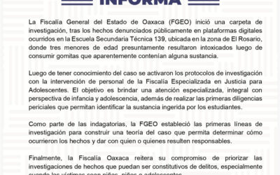 Fiscalía de Oaxaca abre investigación por intoxicación de menores en escuela secundaria