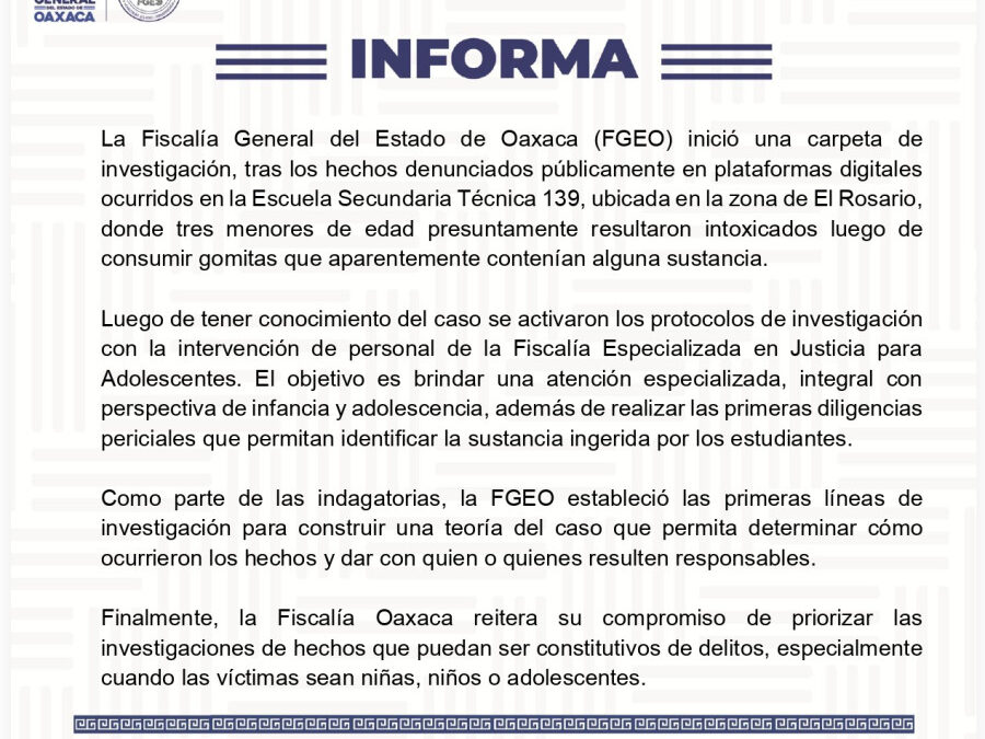 Fiscalía de Oaxaca abre investigación por intoxicación de menores en escuela secundaria