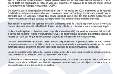Fiscalía de Oaxaca detiene a mujer por robo de un taxi; intentaban vender el vehículo sustraído