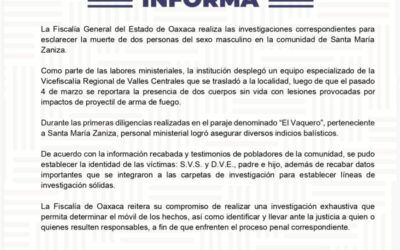 La Fiscalía General del Estado de Oaxaca realiza las investigaciones correspondientes para esclarecer la muerte de dos personas del sexo masculino en la comunidad de Santa María Zaniza.