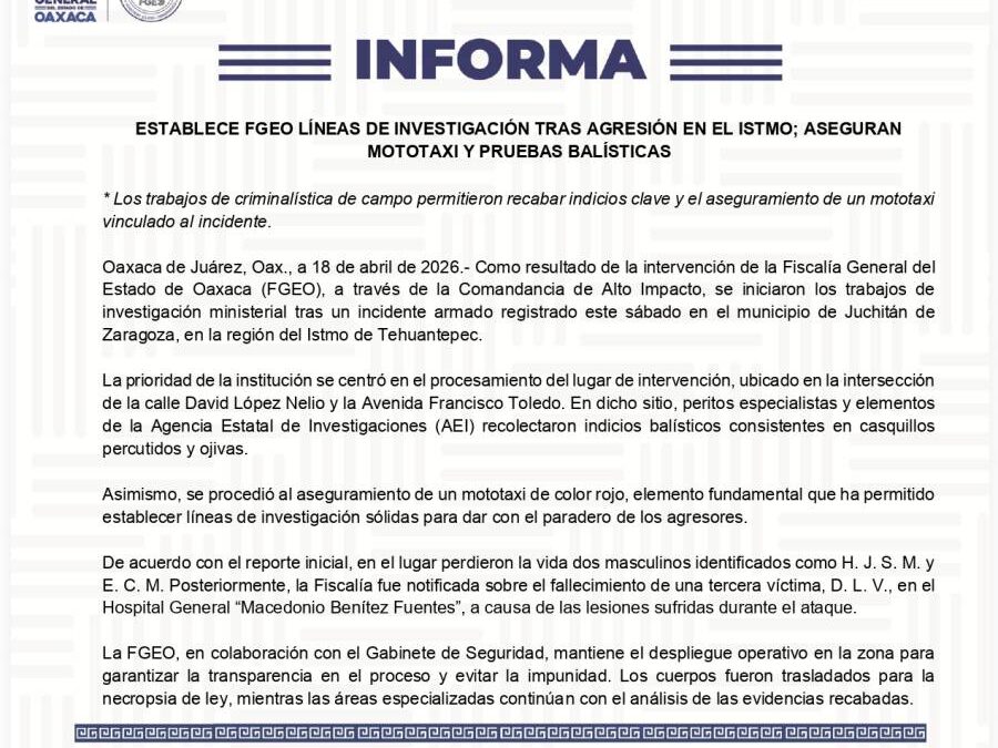 Fiscalía establece líneas de investigación tras agresión en el Istmo; aseguran mototaxi y pruebas balísticas