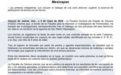 Fiscalía activa protocolos de investigación con perspectiva de género tras hallazgo de dos personas sin vida en San Martín Mexicapan