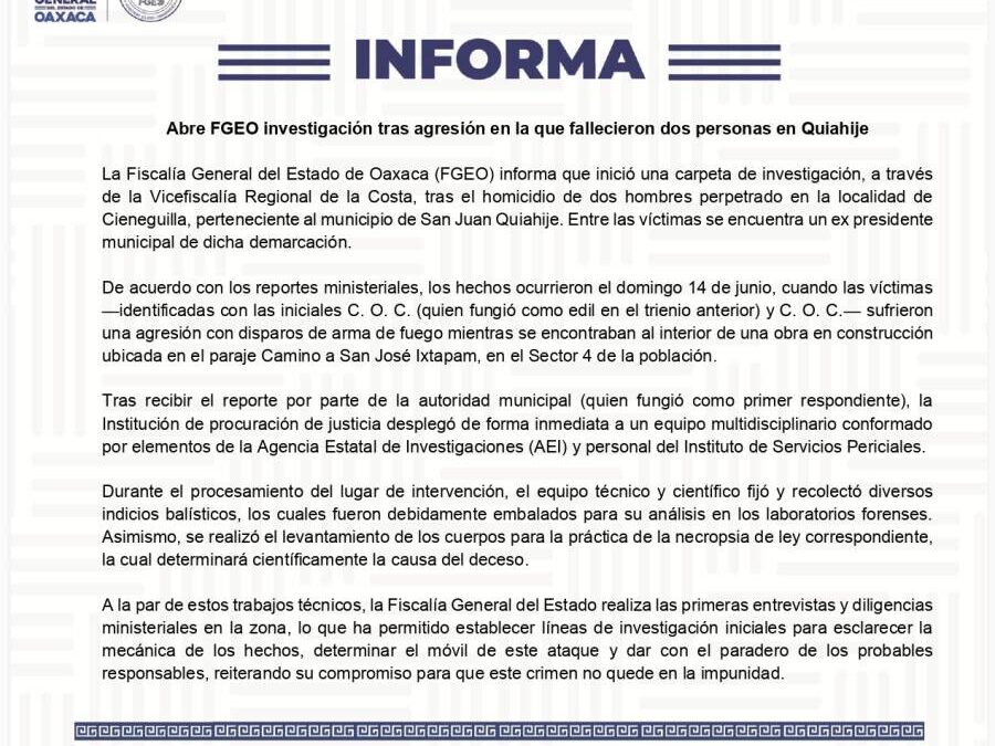 Abre FGEO investigación tras agresión en la que fallecieron dos personas en Quiahije.