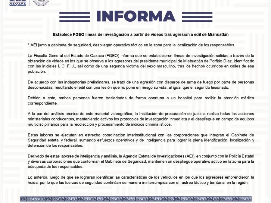 Fiscalía informa que se establecen líneas de investigación a partir de videos tras la agresión al edil de Miahuatlán