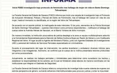 Inicia FGEO investigación bajo protocolo de feminicidio tras hallazgo de mujer sin vida en Santo Domingo Tehuantepec