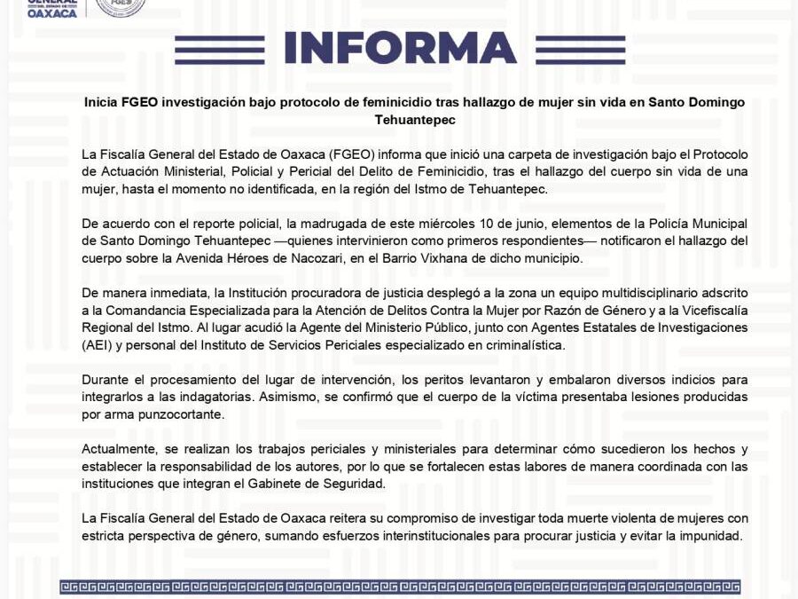 Inicia FGEO investigación bajo protocolo de feminicidio tras hallazgo de mujer sin vida en Santo Domingo Tehuantepec