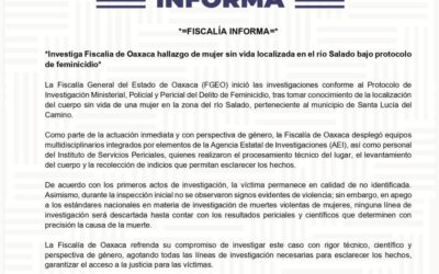 Investiga la Fiscalía de Oaxaca hallazgo de mujer sin vida localizada en el río Salado bajo protocolo de feminicidio