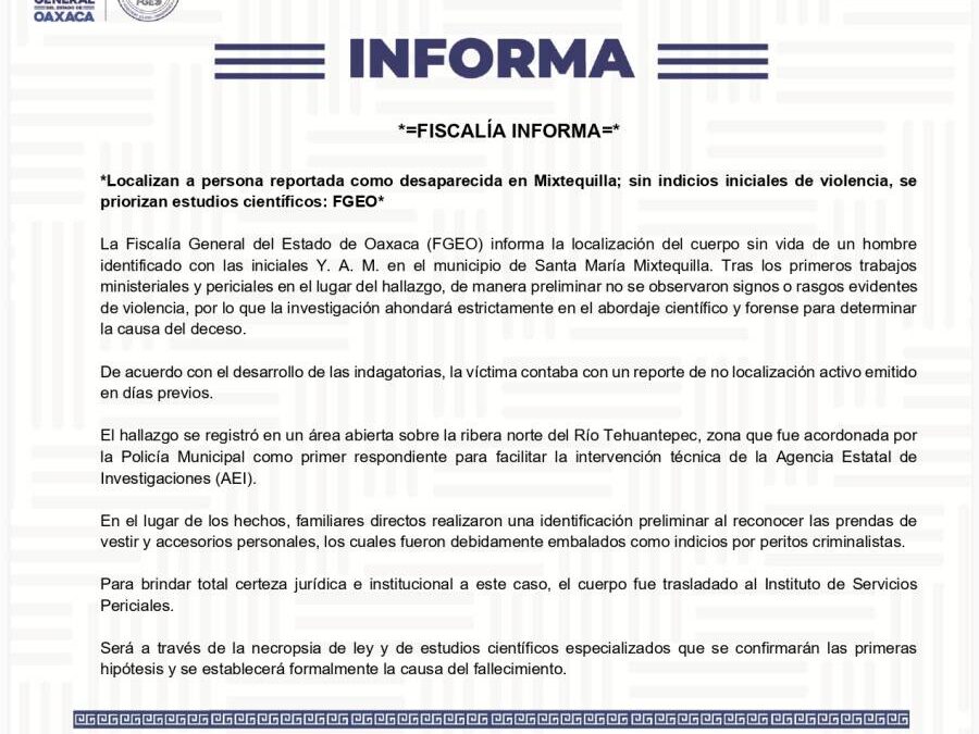 Localizan a persona reportada como desaparecida en Mixtequilla; sin indicios iniciales de violencia, se priorizan estudios científicos